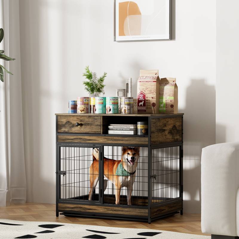 Rustic Brown Wooden Dog Crate with Double Doors - 31.5"W x 22.64"D x 30.59"H