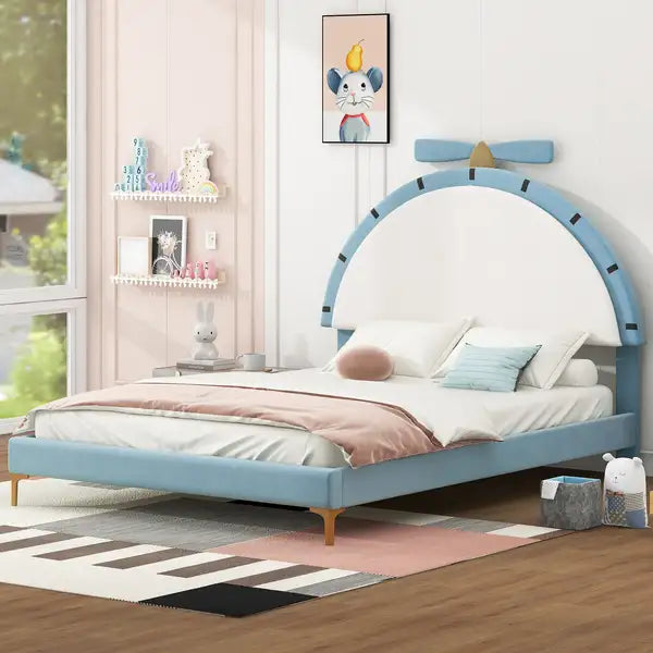 Blue Upholstered Platform Bed with Alarm Clock Headboard - Full Size - Minihomy