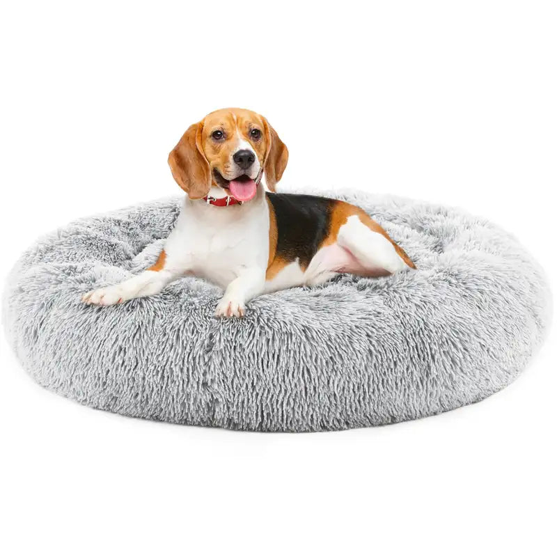 Fluffy Plush Cat Bed - Round, Anti-Slip, Medium Gray