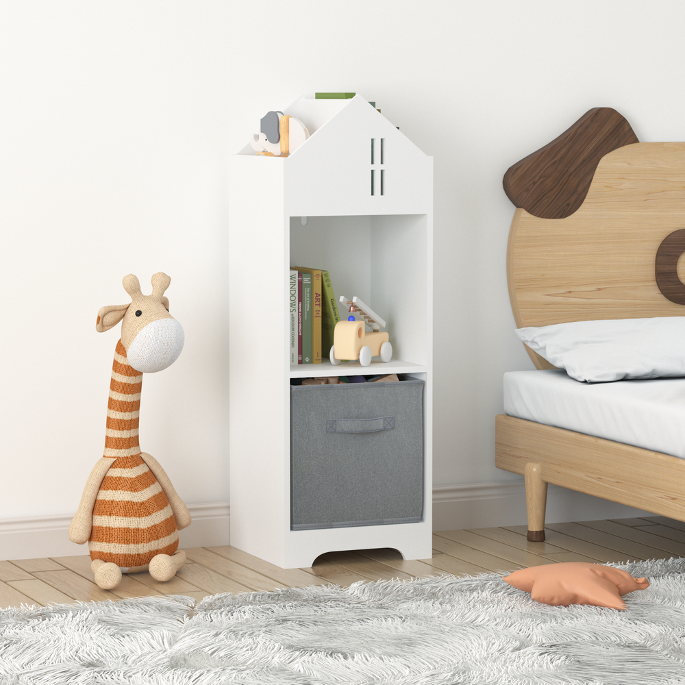 Kids Dollhouse Bookcase with Storage - 2-Tier Organizer (White/Gray)