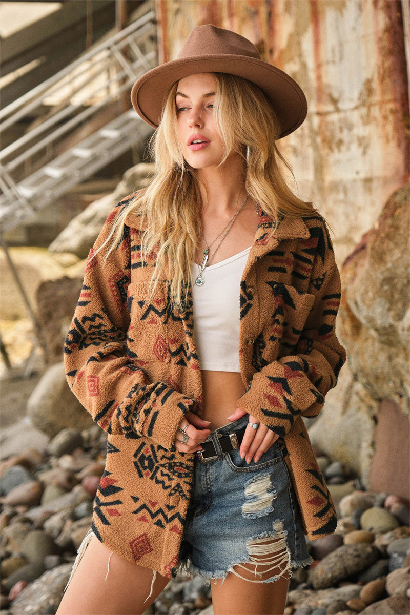 Women's Vintage Plush Lapel Long Sleeve Jacket Coat