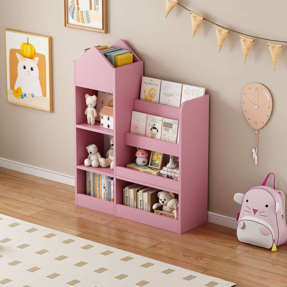 Pink Kids Wooden Bookshelf with Storage Bins & 6 Compartments
