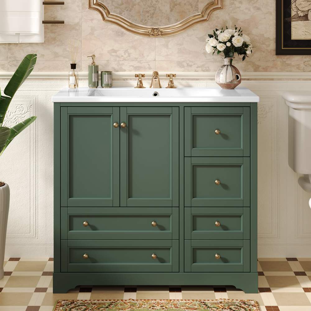 36" Freestanding Bathroom Vanity | Solid Wood, 4 Drawers, Soft Close