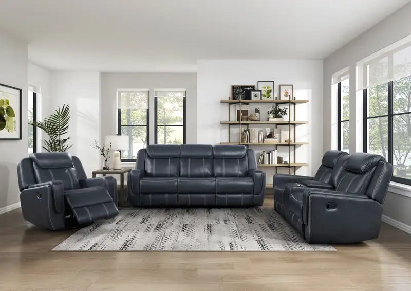 Blue Power Reclining Sofa Set | 3-Piece Faux Leather Living Room Furniture