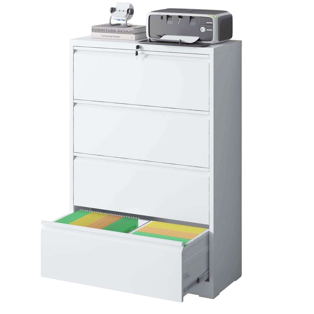 Locking 4-Drawer Lateral File Cabinet - White Metal - Legal/Letter/A4/F4