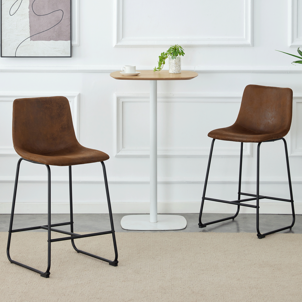 Brown PU Leather Bar Stool - Modern Minimalist Kitchen Counter Chair (17.7x14.5x37")