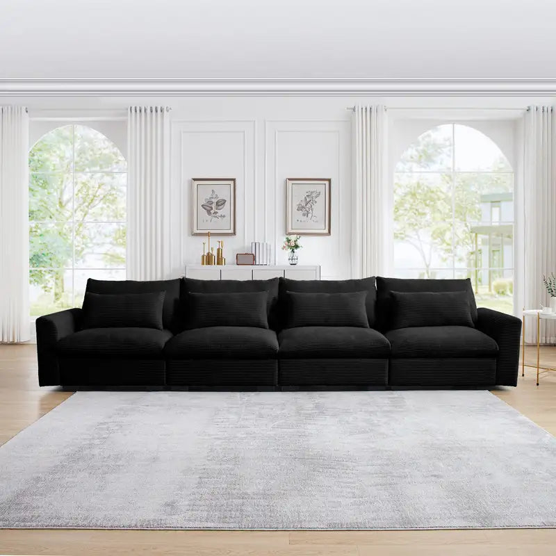Black Corduroy 4-Seater Sofa - Deep Seating & Modern Style