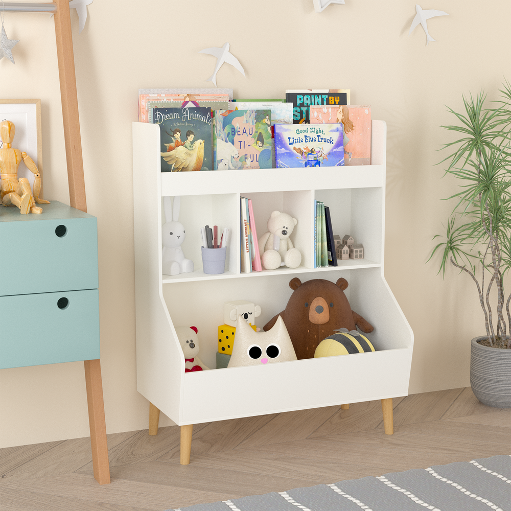 White Kids Toy Organizer & Bookshelf - Multifunctional Storage with Legs
