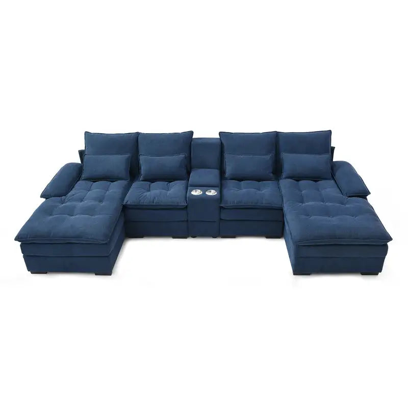 130" U-Shaped Sleeper Sofa - Blue Chaise Lounge, Console & Cup Holders