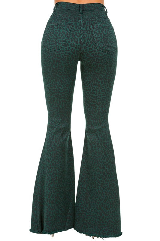 Leopard Print Bell Bottom Jeans in Pine Green - Stylish Women's Fashion - Minihomy
