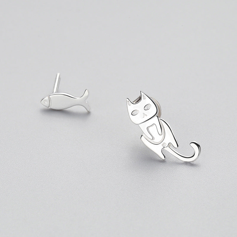Fashion Asymmetry 925 Sterling Silver Stud Earrings Animal Fish Cat Stud Earrings for Women Personality Jewelry Gifts - Minihomy