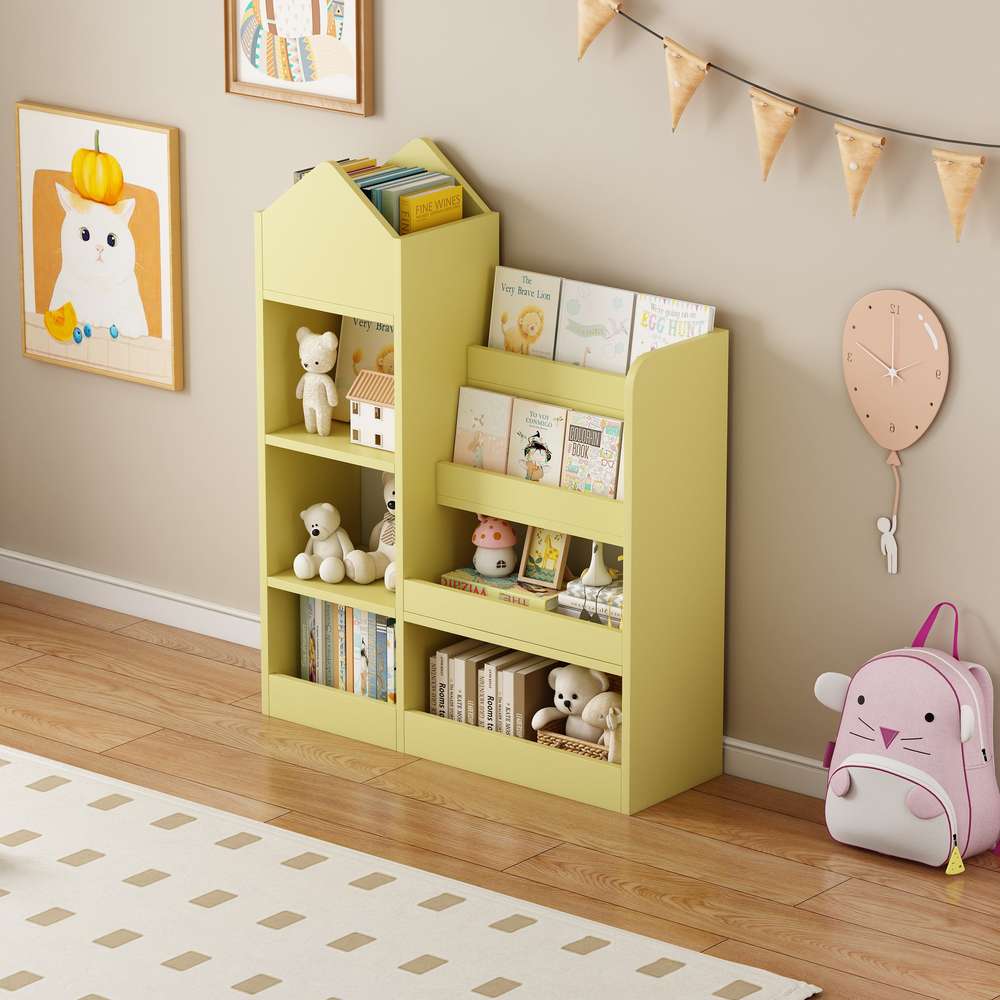 Kids Wooden Bookshelf with 6 Bins & 2 Baskets - Toy Organizer & Storage