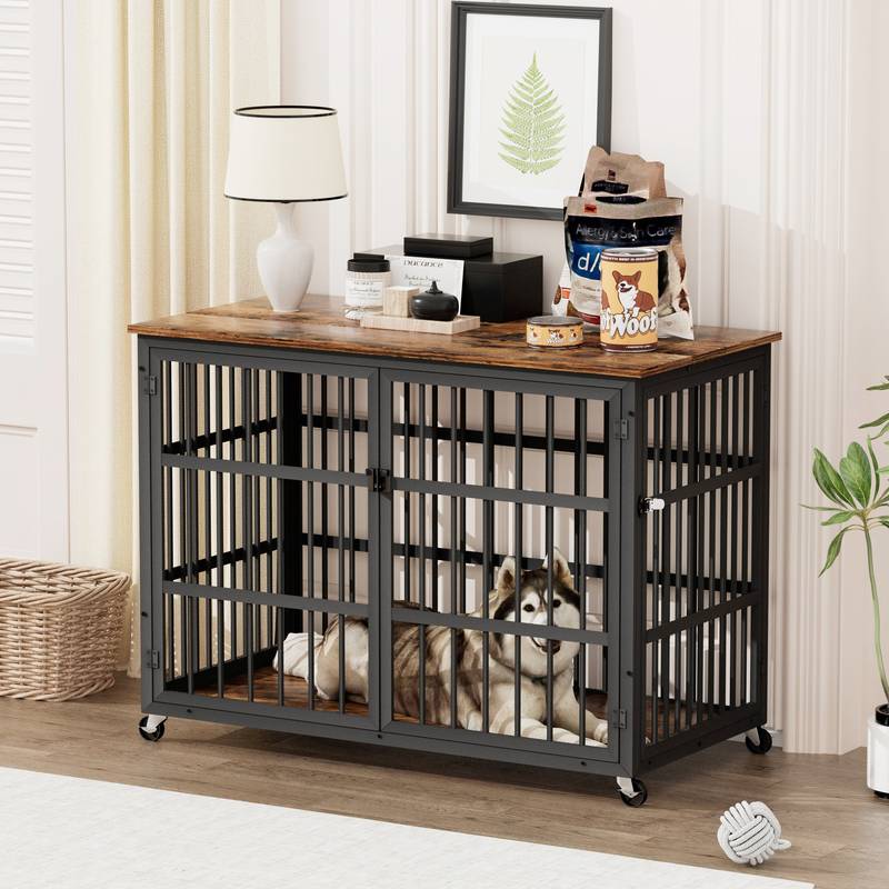 Rustic Brown Wrought Iron Dog Crate with Side Doors - 43.3"W x 29.9"D x 33.5"H