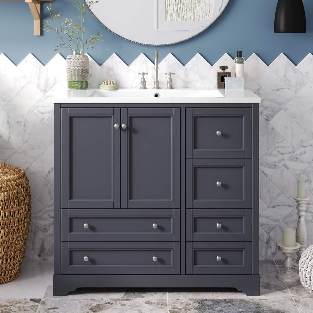 36" Freestanding Bathroom Vanity with Sink & 4 Drawers - Solid Wood