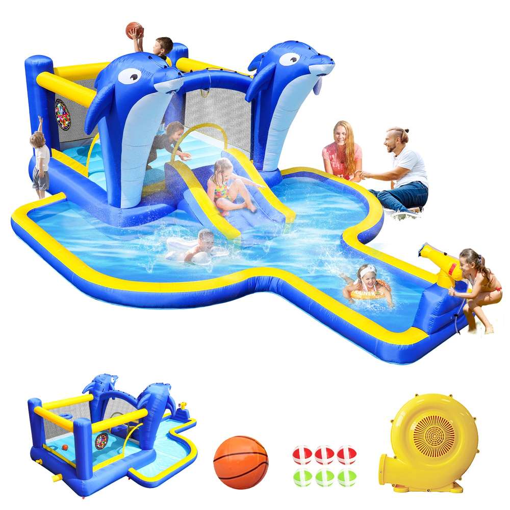 Inflatable Water Park: 6-in-1 Slide, Trampoline, Dolphin Sprinkler & Games