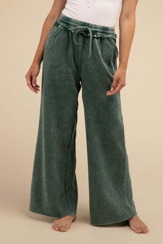 Acid Wash Fleece Palazzo Sweatpants with Pockets - Comfy & Stylish - Minihomy