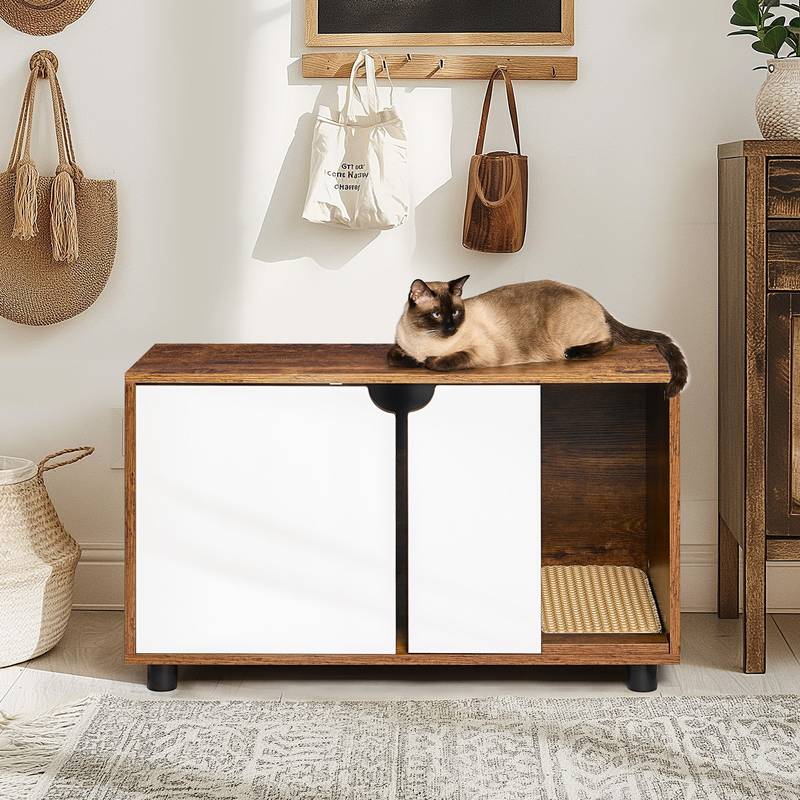 Hidden Cat Litter Box Furniture End Table - White Vintage Double Doors