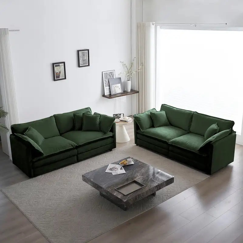Green Chenille Sofa & Loveseat Set: 2-Piece Living Room Furniture