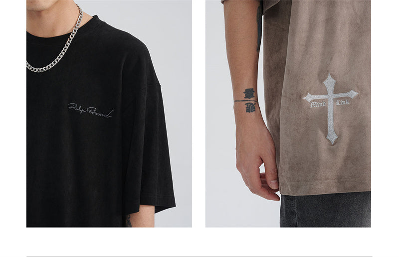 Suede Patch Short-sleeved Top Street Loose