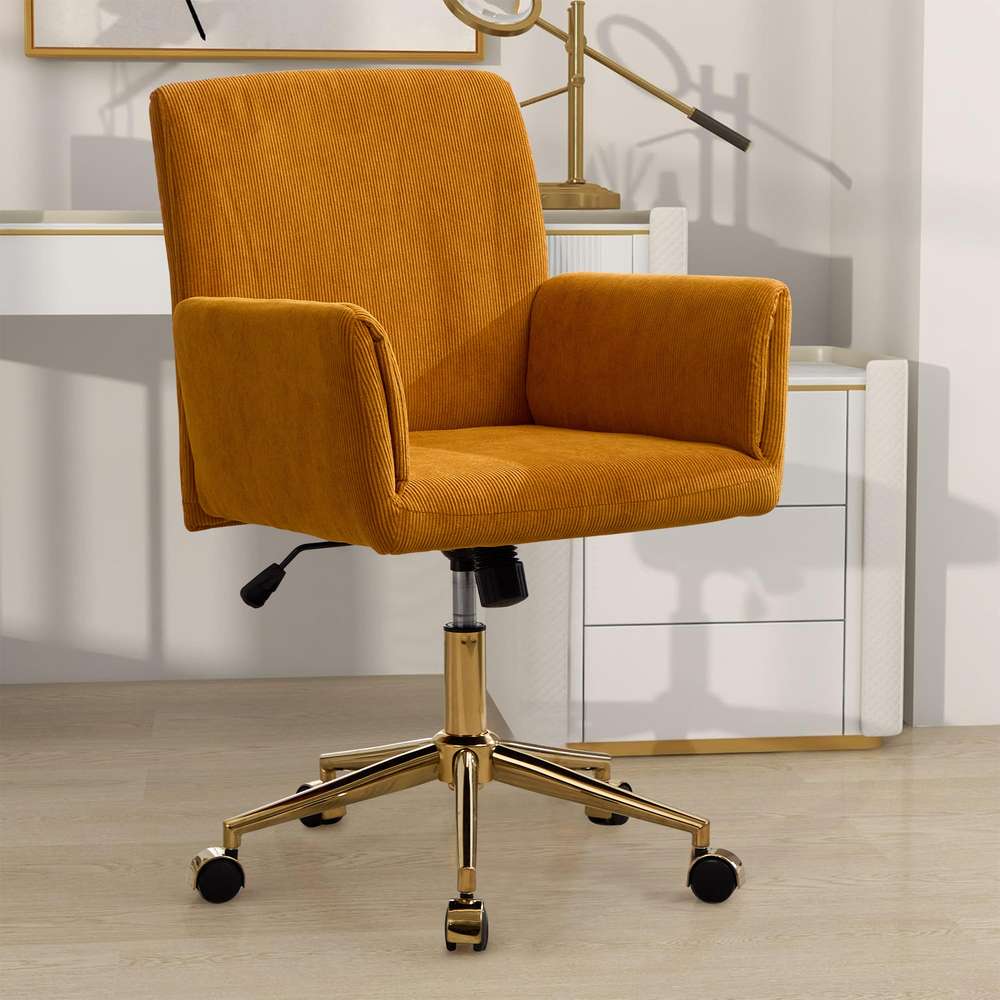 Ergonomic Adjustable Office Chair, Modern Corduroy Computer Chair with Gold Base - Yellow