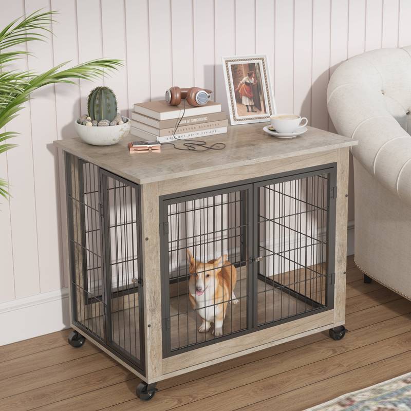 Grey Dog Crate with Double Doors & Casters - 31.5"W x 22"D x 24.8"H