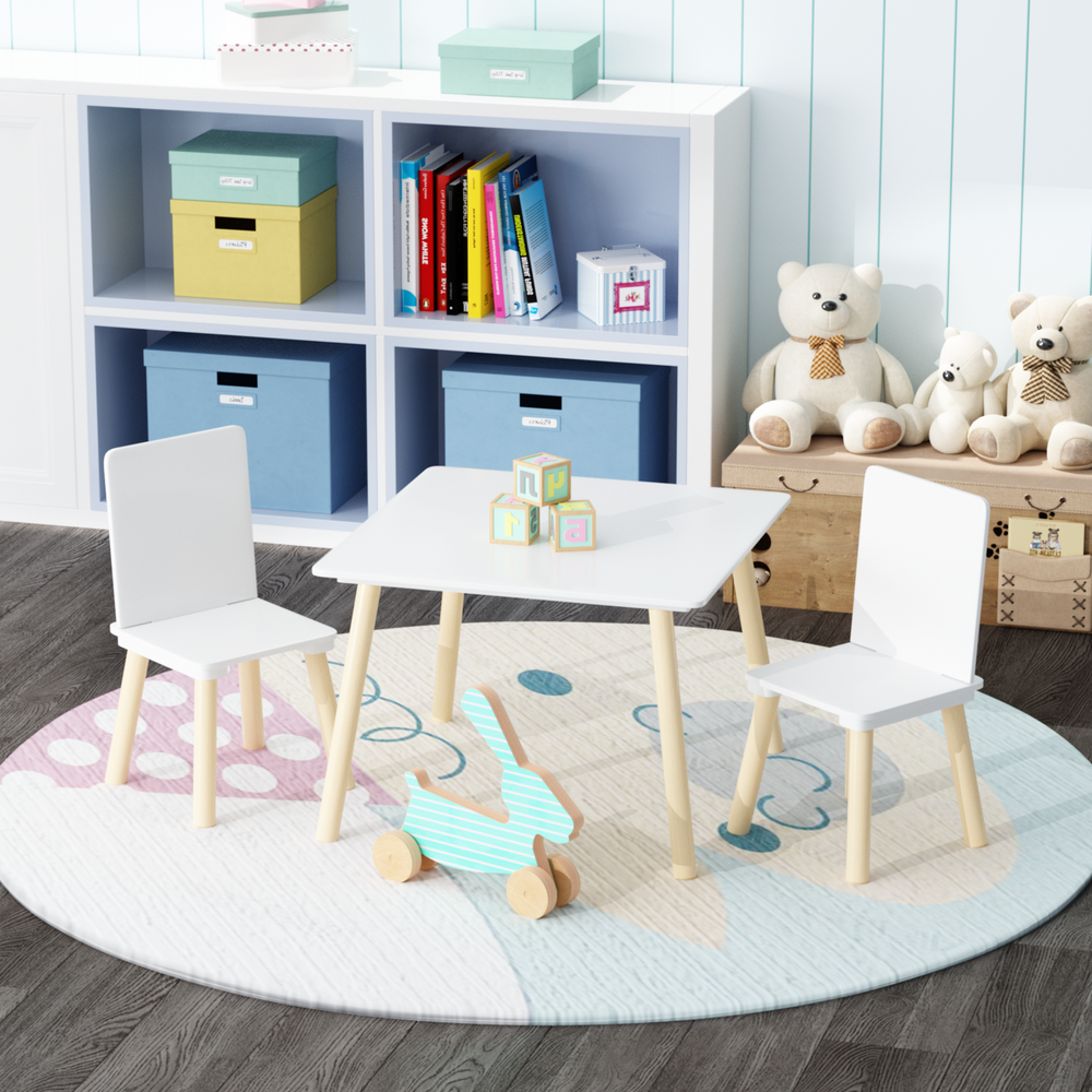 Kids Wooden Table & Chairs Set - Toddler Play Activity Table (White)