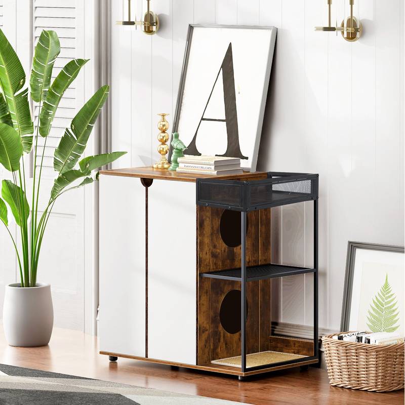Rustic Brown Cat Litter Box Enclosure Cabinet for 2 Cats