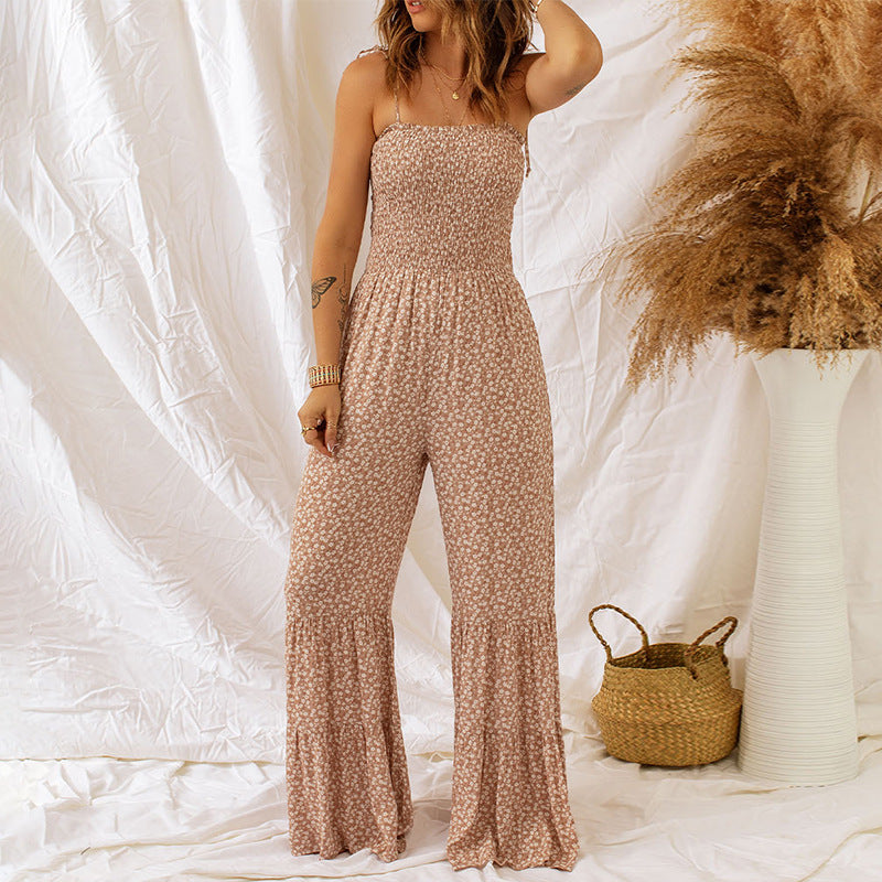 Spring And Summer Sleeveless Long Waist Wrapped Chest Floral Horn Jumpsuit