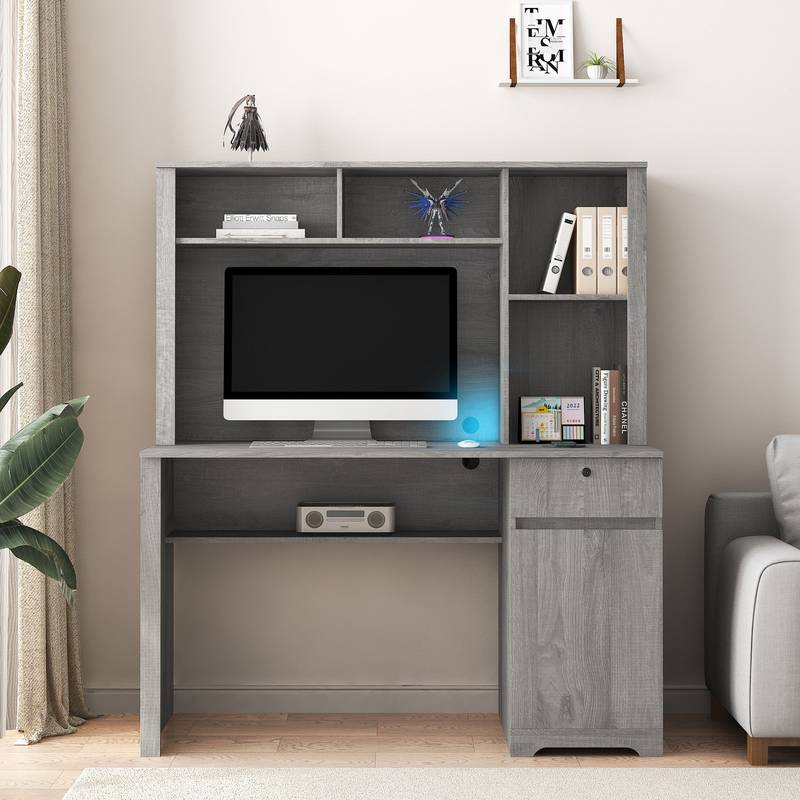 Executive Computer Desk with Hutch, Drawers, Outlets & USB Ports