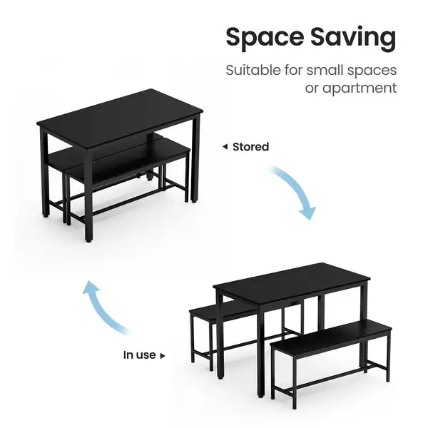 Black Industrial Dining Table Set with 2 Benches - Kitchen, Breakfast, Living Room, Party Room, 43.3"L x 23.6"W x 29.9"H - Minihomy