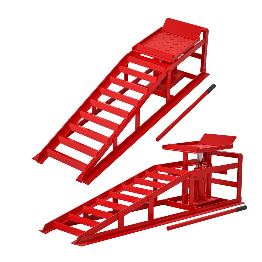 Heavy-Duty 5T Hydraulic Car Ramps (2-Pack) - Low Profile, Red