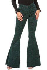 Leopard Print Bell Bottom Jeans in Pine Green - Stylish Women's Fashion - Minihomy