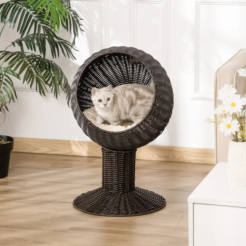 Elevated Cat Bed with Scratching Post & Cushion - 27" Rattan Wicker