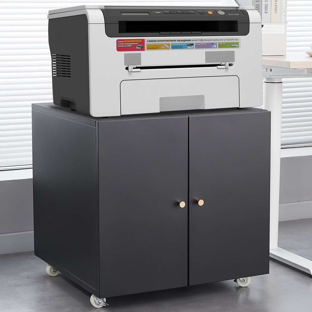 Mobile Printer Stand with Copier Cabinet - Black Steel, 2 Doors