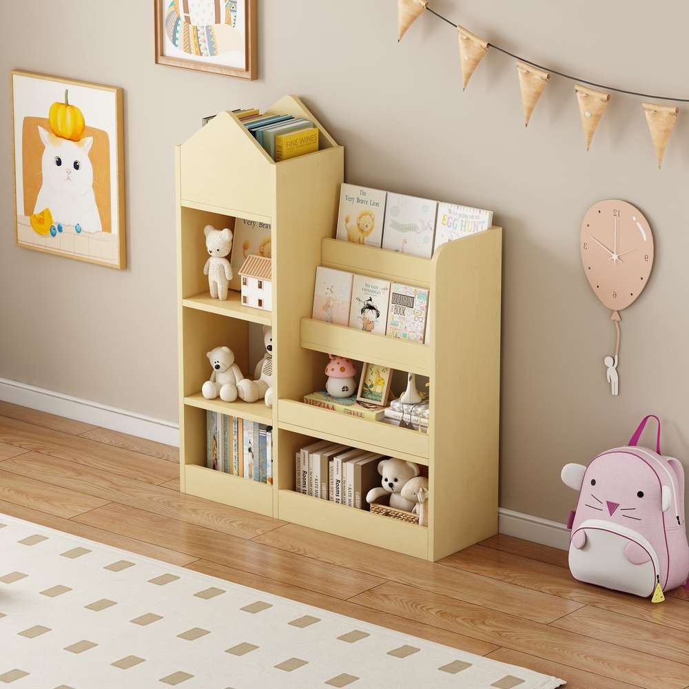 Kids Wooden Bookshelf with 6 Compartments & Baskets - Toy Organizer
