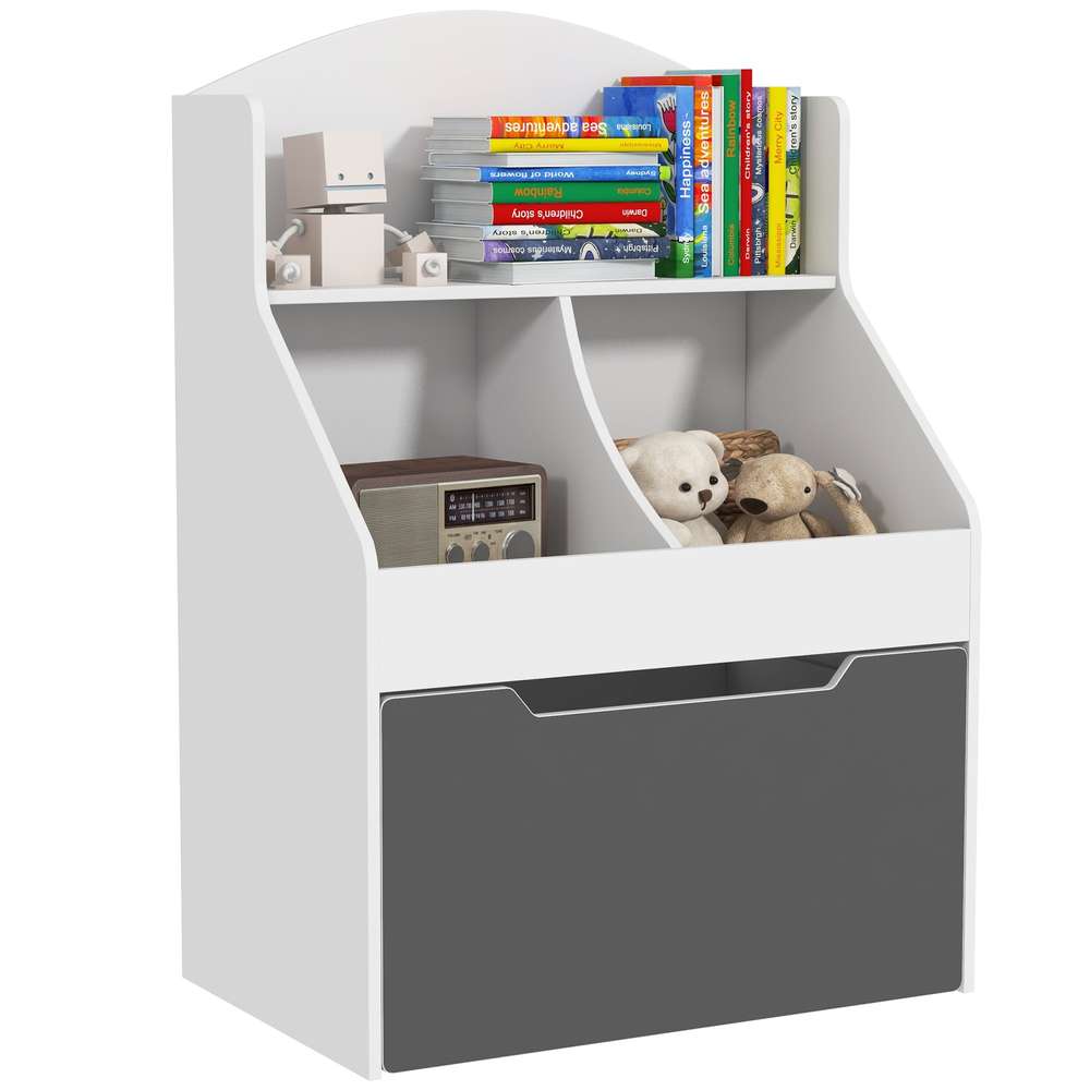 Kids Bookshelf with Drawer - 3 Tier Toy Organizer for Playroom, Nursery & Bedroom - White