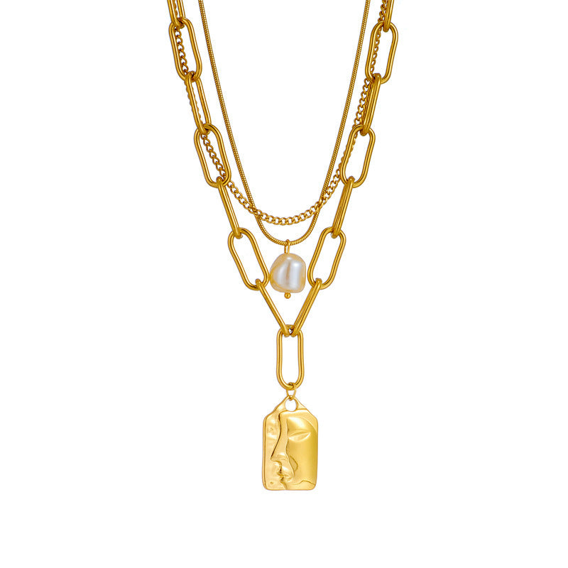 Fashion Jewelry Layered Face Portrait Chain Choker Necklace For Women Elegant Pearls Pendant Necklace Jewelry Accessories - Minihomy
