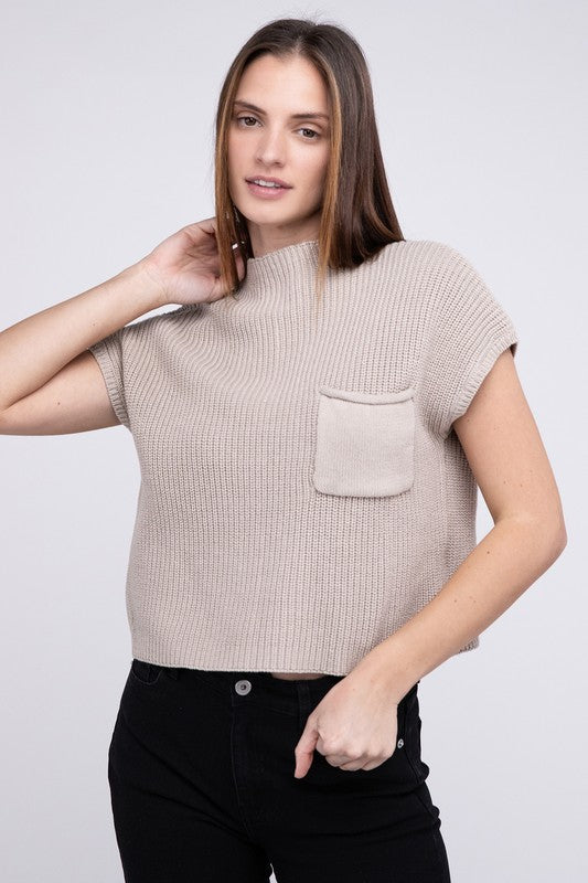 Mock Neck Short Sleeve Cropped Sweater for Women - Stylish Knit Top - Minihomy