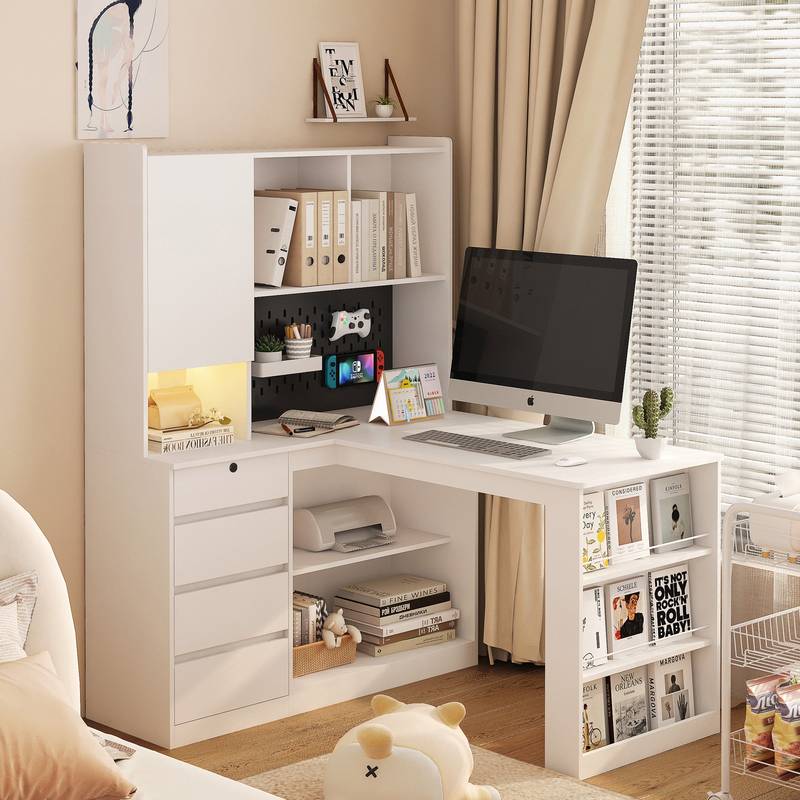 L-Shaped Desk with Hutch, LED Light, Drawers & Charger - Modern Corner Computer Desk