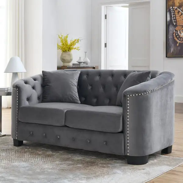 Grey Velvet Chesterfield Sofa - 59 Inch, Tufted, Nailhead Trim