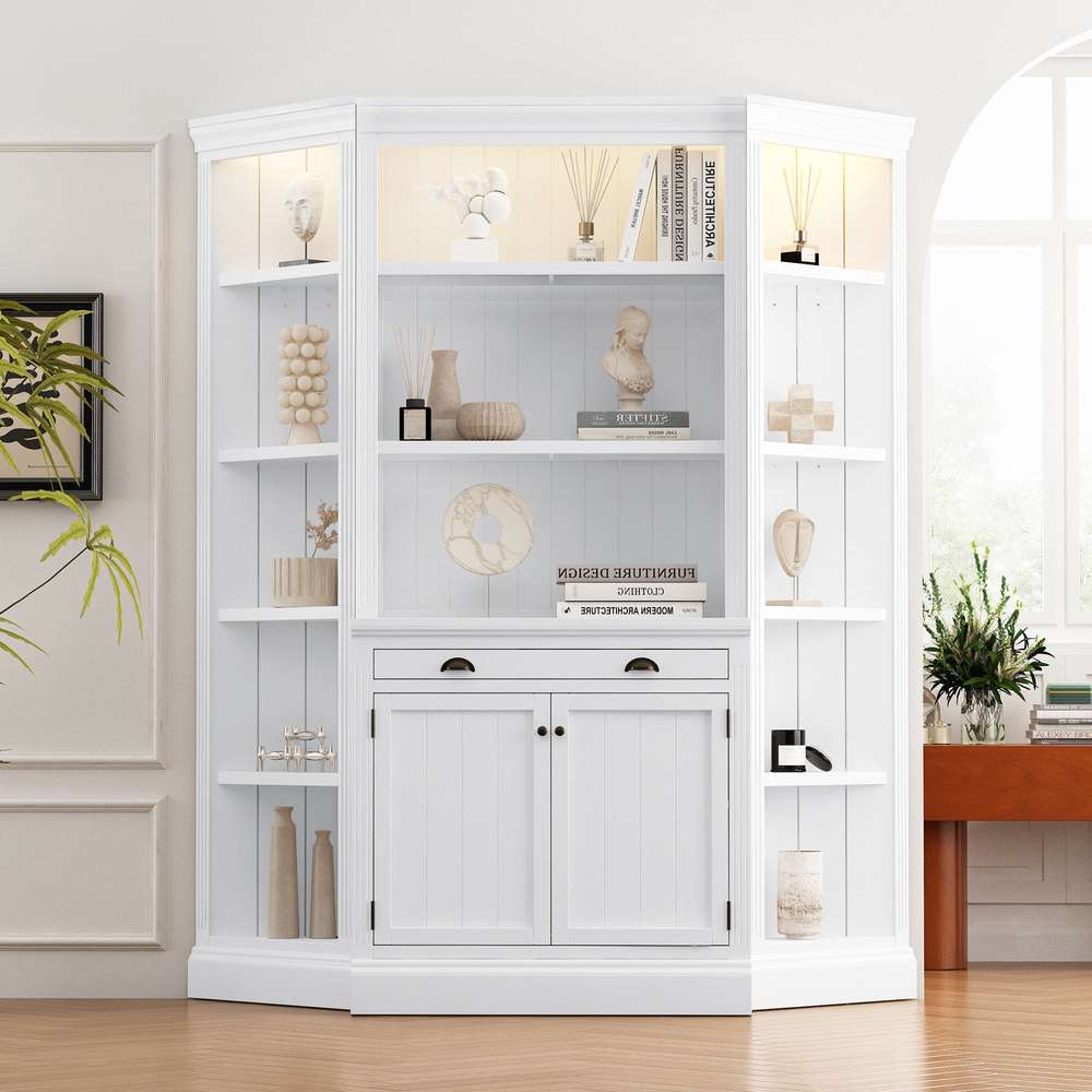Tall Corner Bookshelf with Doors, Drawer & LED Lighting - White