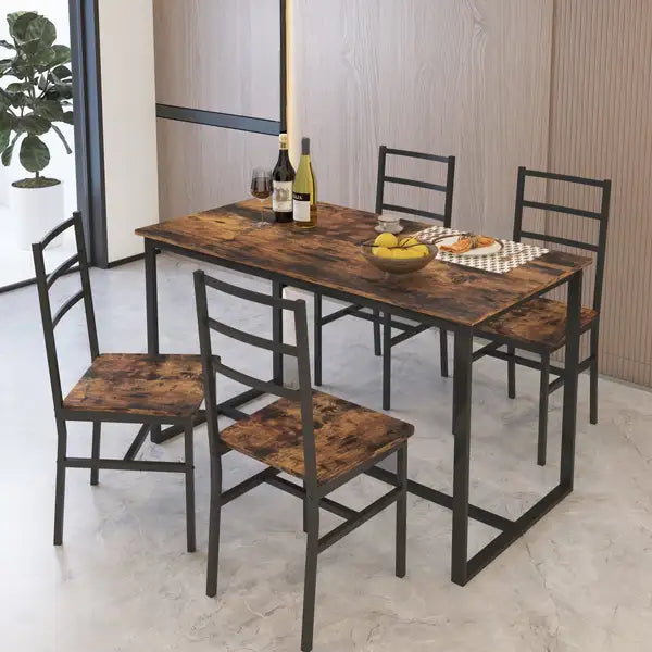 Industrial 5-Piece Dining Set with Backrest - Solid Steel Table and Chairs - Minihomy