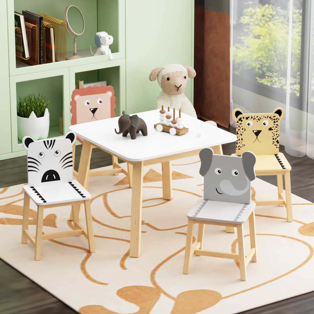 Kids Wooden Table & Chair Set (5-Piece) - Cartoon Animals, 3-8 Years