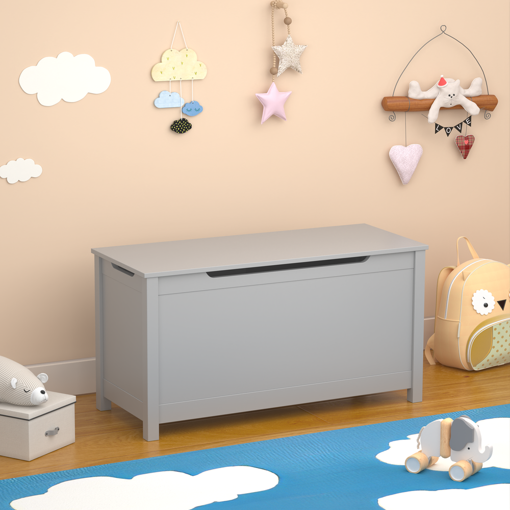 Kids Wooden Toy Chest - Safe Hinged Lid, Gray, Ages 2+