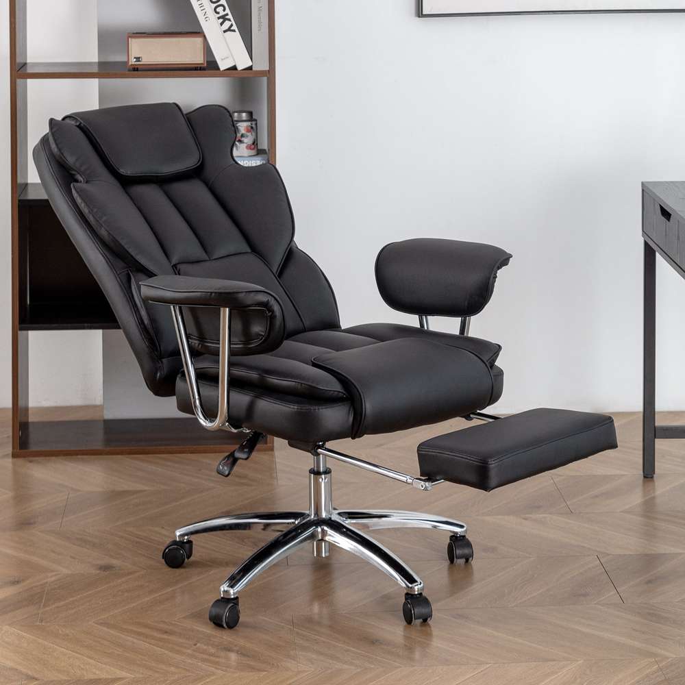Big & Tall Executive Office Chair with Footrest - Ergonomic Leather Recliner (Black)
