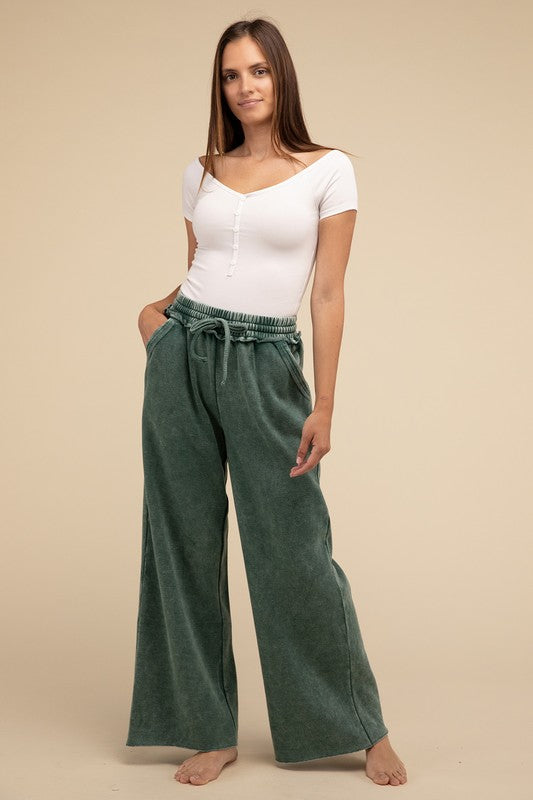 Acid Wash Fleece Palazzo Sweatpants with Pockets - Comfy & Stylish - Minihomy