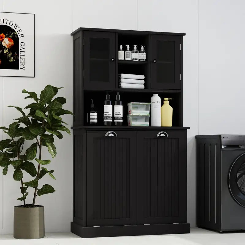 Tall Black Bathroom Cabinet with Tilt-Out Laundry Hamper & Shelves