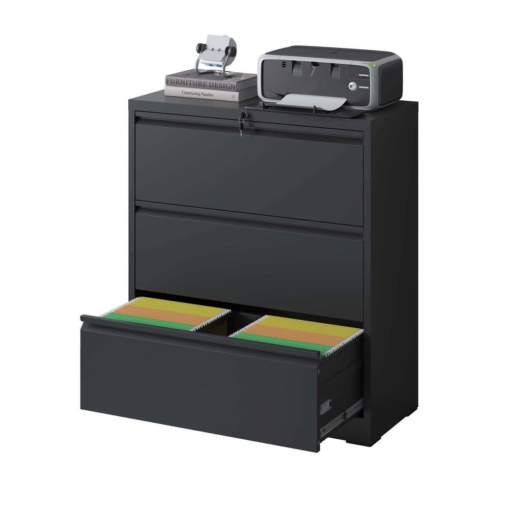 Black Metal Lateral File Cabinet with Lock - 3 Drawers, Legal/Letter/A4/F4 Size