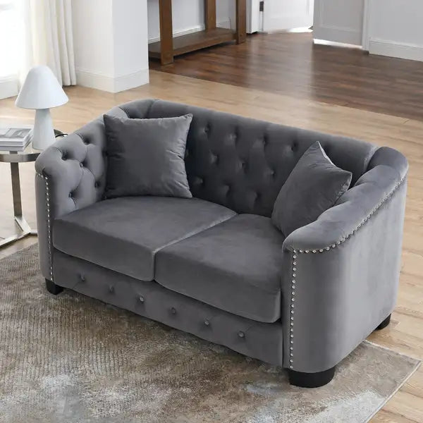 Grey Velvet Chesterfield Sofa - 59 Inch, Tufted, Nailhead Trim