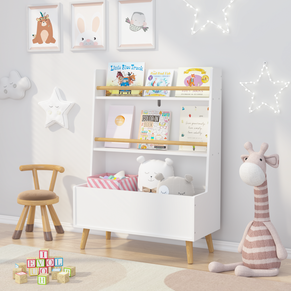 Kids White Bookshelf & Toy Organizer: Book Rack & Storage Cabinet